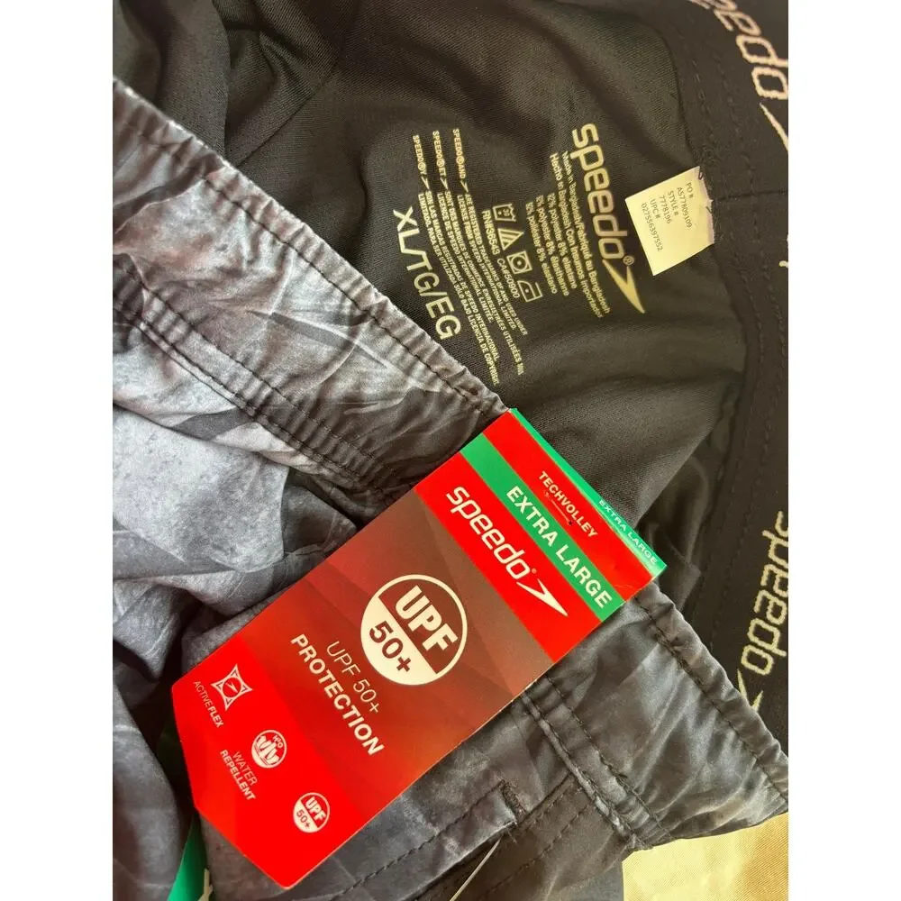 Speedo Swim Shorts Mens XL Gray Tech Volley Leaf Print UPF 50+ Drawstring Lined